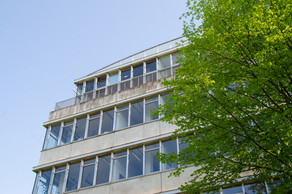 Ecke des Geschossbau 1 mit Baum.