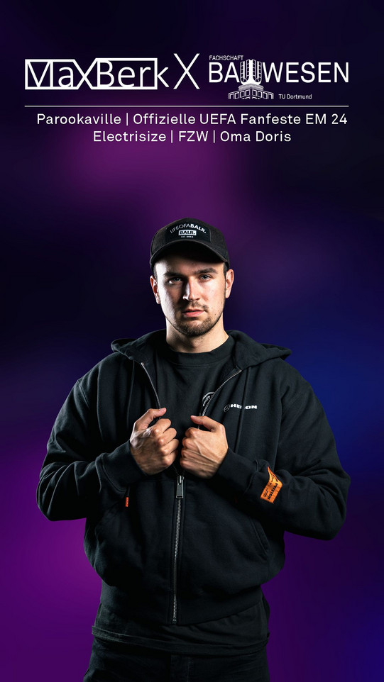 8.11.2024 im FZW, darPlakat für Bauwesen Party am auf zu sehen der DJ namens MaxBerk, bekannt vom ParookaVille Festival uvm.