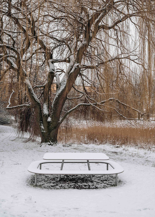Ein Tisch und eine Bank sind mit Schnee bedeckt.